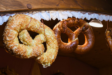 Bavarian authentic pretzels for Oktoberfest or Autumn Fest, Christmas.German, Austrian salted brezel