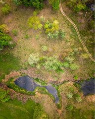 Aerial view of the road to the lake; place for local tourism