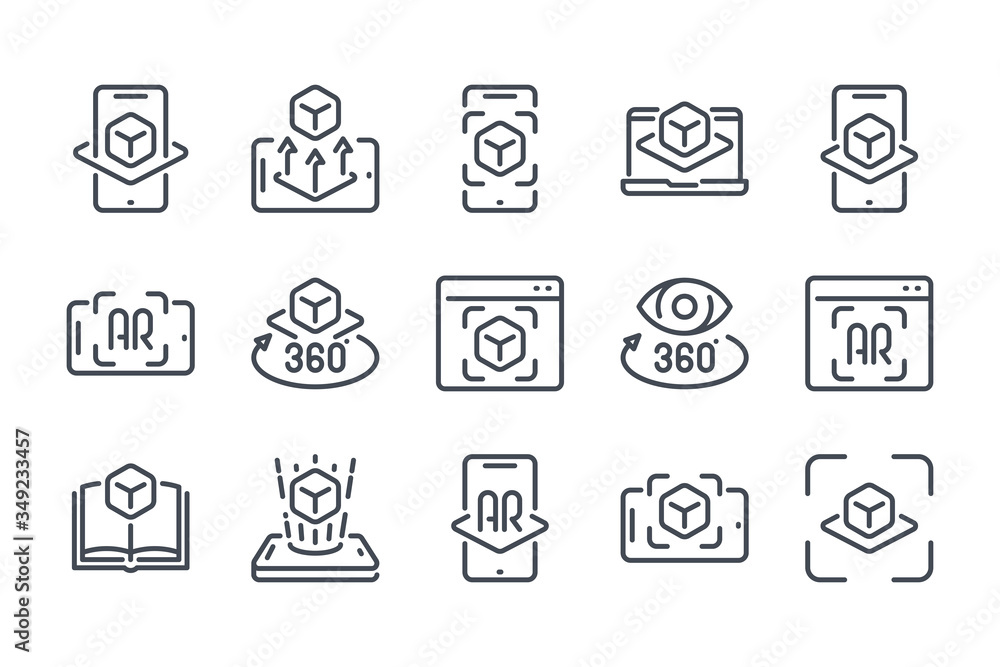Poster augmented reality vector line icon set. interactive simulation and virtual reality outline icons.