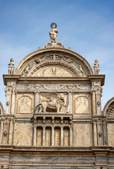 Fototapeta na wymiar Venice. Close-up of the Scuola Grande di San Marco with the winged lion of saint Mark, building in Renaissance style. UNESCO world heritage site, Veneto, Italy, Europe