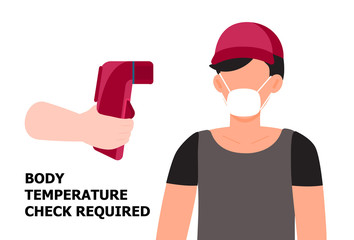 Body temperature check is required. Non-contact thermometer in hand. Man is wearing mask on the face. Coronavirus prevention and control. vector isolated on white background