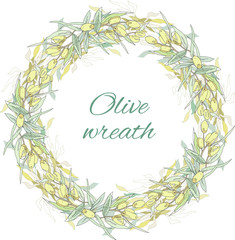 Olive wreath cut on white. Vector illustration for decoration of menus, kitchen textiles and paper.
