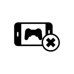 Smartphone with joystick icon not allowed sign in black flat design on white background