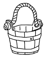 Old fashioned wooden bucket with a rope handle, hand drawn vector illustration