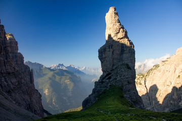 Fototapeta na wymiar The Campanile di Val Montanaia is a rock tower surrounded by the mountains in Friuli, Italy