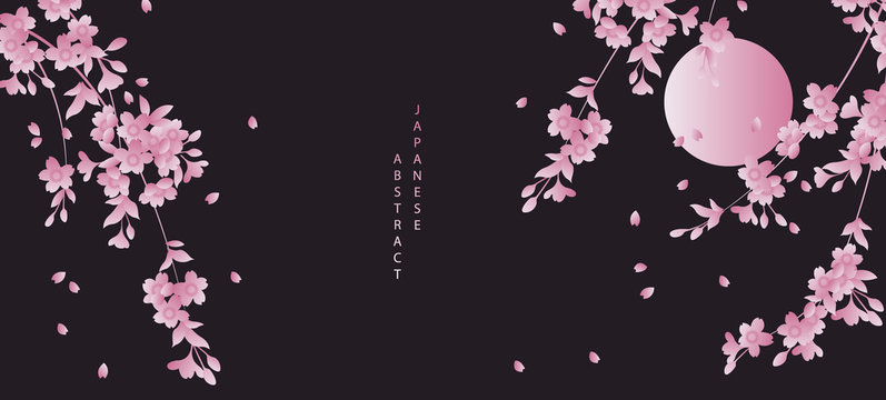 Oriental Japanese style abstract pattern background design black night sky full moon and cherry blossom sakura flower