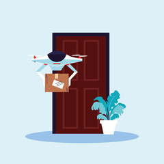 contactless delivery, drone carries shopping box a the door