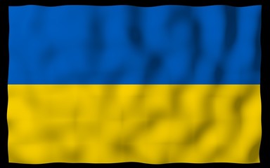 The flag of Ukraine on a dark background. National flag and state ensign. Blue and yellow bicolour. 3D illustration waving flag