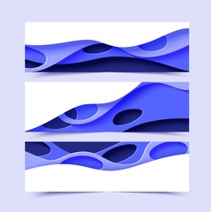 Three abstract horizontal flyer collection in cut paper style. Set of cutout blue waves with holes template for for save the Earth posters, World Water Day, eco brochures. Vector card illustration.