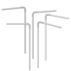 Vector realistic tubules for drinks, smoothie, milk, cocktails, alcohol. Set of realistic drinking straws isolated on white with various bends. 3D template for design.