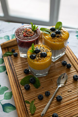 Fresh mango smoothie with blueberries. Healthy diet nutrition. Vegetarian healthy food. Homemade chia pudding. Superfood for strong immunity. Concept of vegetarian breakfast