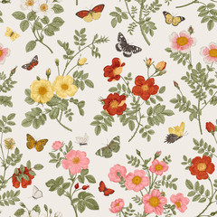 Vintage floral illustration. Seamless pattern. Wild Roses with butterflies. Black and white and yellow. ..