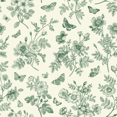 Vintage floral illustration. Seamless pattern. Wild Roses with butterflies. Green and white. Toile de Jouy. - 349238473