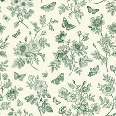 Vintage floral illustration. Seamless pattern. Wild Roses with butterflies. Green and white. Toile de Jouy.
