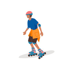Fototapeta premium A boy in a helmet and protective gear rides on rollers. Vetor cartoon character illustration.