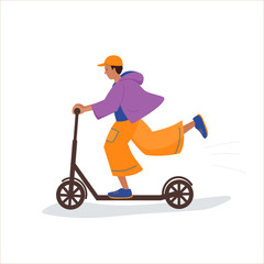 Boy is riding a kick scooter. Flat cartoon vector isolated illustration.