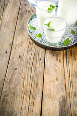 Cold Indian drink Lassi, iced coconut Lassi drink with mint leaf, wooden background copy space
