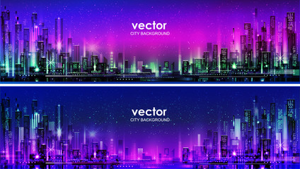 Night city illustration with neon glow and vivid colors. illustration with architecture, skyscrapers, megapolis, buildings, downtown.