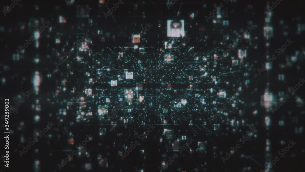 Poster a social network with a stream of unrecognizable people portraits connected by dark blue network gri