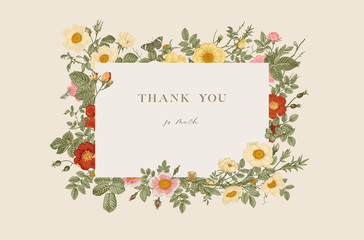 Frame with wild pink roses. Thank you. Vector vintage floral illustration.