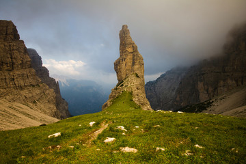 The Campanile di Val Montanaia is a rock tower surrounded by the mountains in Friuli, Italy
