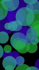 Multicolored translucent circles on a dark background. Green tones. 3D illustration