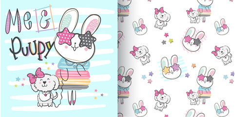 Cute animal bunny illustration with  Seamless Pattern for kids