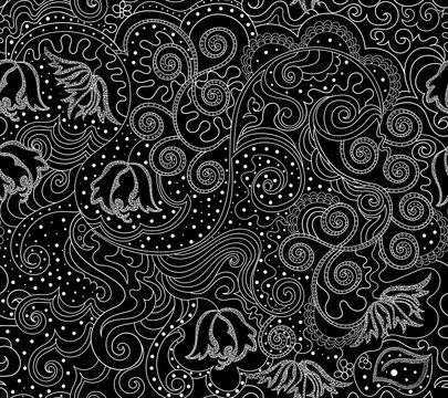 Abstract graphic vector seamless pattern with hand drawn figured ornamental lines, flowers and doodles