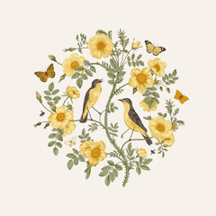 Naklejki  Ptaki i motyle są w żółtych dzikich różach. Okrągły wektor vintage klasyczna kompozycja kwiatowa.