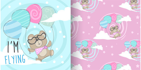 Cute animal baby bears with balloons  Seamless Pattern for kids