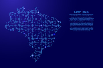 Brazil map from blue pattern from composed puzzles and glowing space stars. Vector illustration.