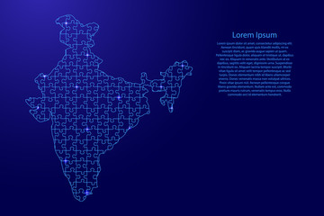 India map from blue pattern from composed puzzles and glowing space stars. Vector illustration.