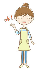 OKサインをだすエプロン女性　全身