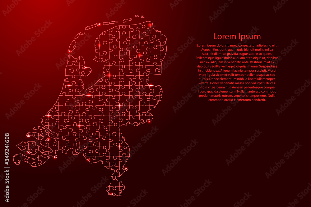 Poster netherlands map from red pattern from composed puzzles and glowing space stars. vector illustration.