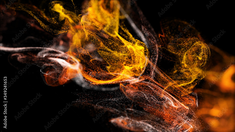 Poster injection of fiery fluorescent ink in water isolated on black background. 3d render of glow particle