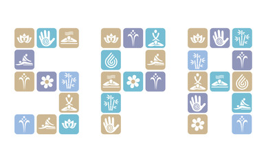 Naklejka premium Spa inscription with spa and massage symbols. Decorative inscription with Colorful spa massage icons. Vector available. 