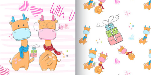 Fototapeta premium Cute animal Giraffe Love Seamless Pattern for kids