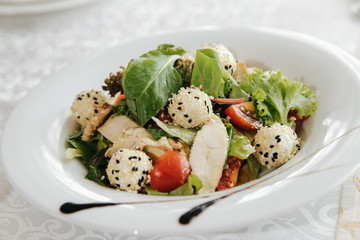 salad, food, vegetable, tomato, plate, meal, dinner, healthy, fresh, lettuce, cheese, white, appetizer, dish, green, lunch, chicken, cuisine, diet, gourmet, fish, vegetables, delicious, eating, seafoo