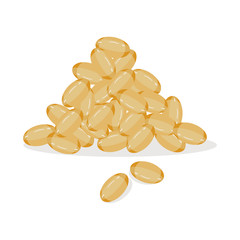 Vitamins E, D, Gel pill, fish oil. Cartoon vector stock icon in flat style of oil capsules, gold oval bubble isolated on white background.