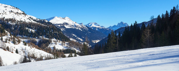 Winter mountains panoramic view from ski piste near Val Gardena ski resort in Italy.