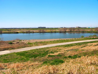 土手から見る春の江戸川河川敷風景