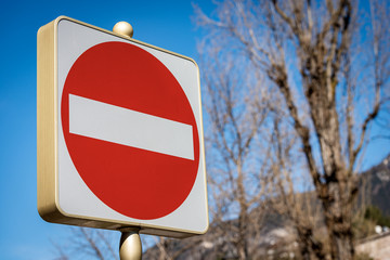 Close-up of a no entry or wrong way (one way) road sign, prohibitory traffic sign. Photography,...