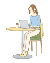 パソコン操作をするパンツスタイルの女性　全身