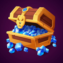 Golden chest with blue crystals. Vector game icon