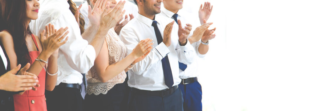 Congratulation, Celebration, Success and winner concept. audience applauding at a business seminar. Multiethnic corporate business People Meeting Conference Discussion Brainstorming Concept