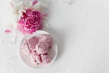 Balls of berry ice cream on a plate on a white background