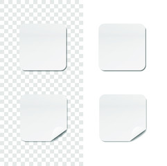 Set of realistic white stickers.Blank adhesive sheets. Square format. Stock vector illustration on transparent background.