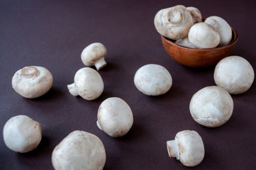 Fototapeta na wymiar Cup with mushrooms individual mushrooms on a brown background