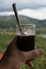 a glass of Vietnamese coffee on the background of coffee plantings in the mountains of Vietnam