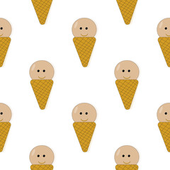 Kawaii cone ice cream seamless pattern on white isolated background.